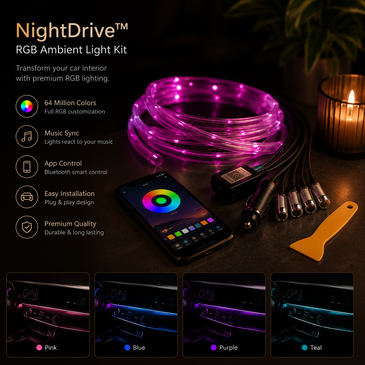 GlowDrive™ RGB Ambient Car Lights – 64 Kleuren Interieur Verlichting Kit