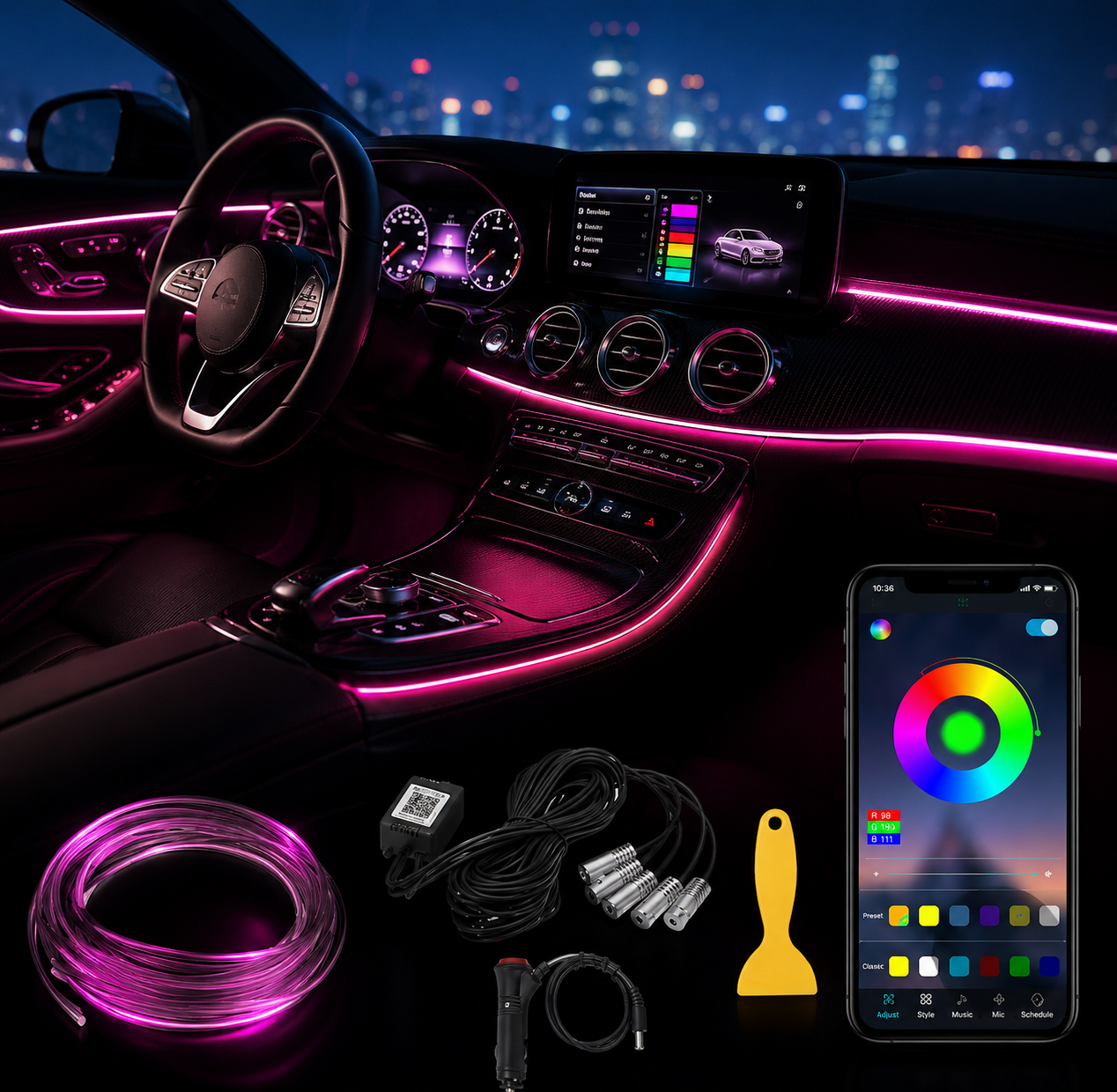 GlowDrive™ RGB Ambient Car Lights – 64 Kleuren Interieur Verlichting Kit